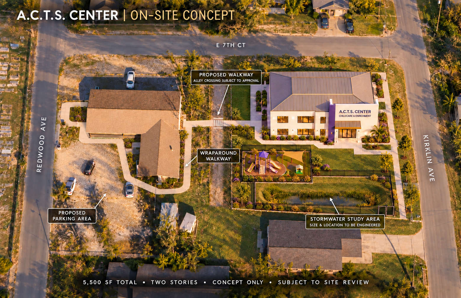A.C.T.S. Center — proposed site concept; illustrative rendering, not a completed facility