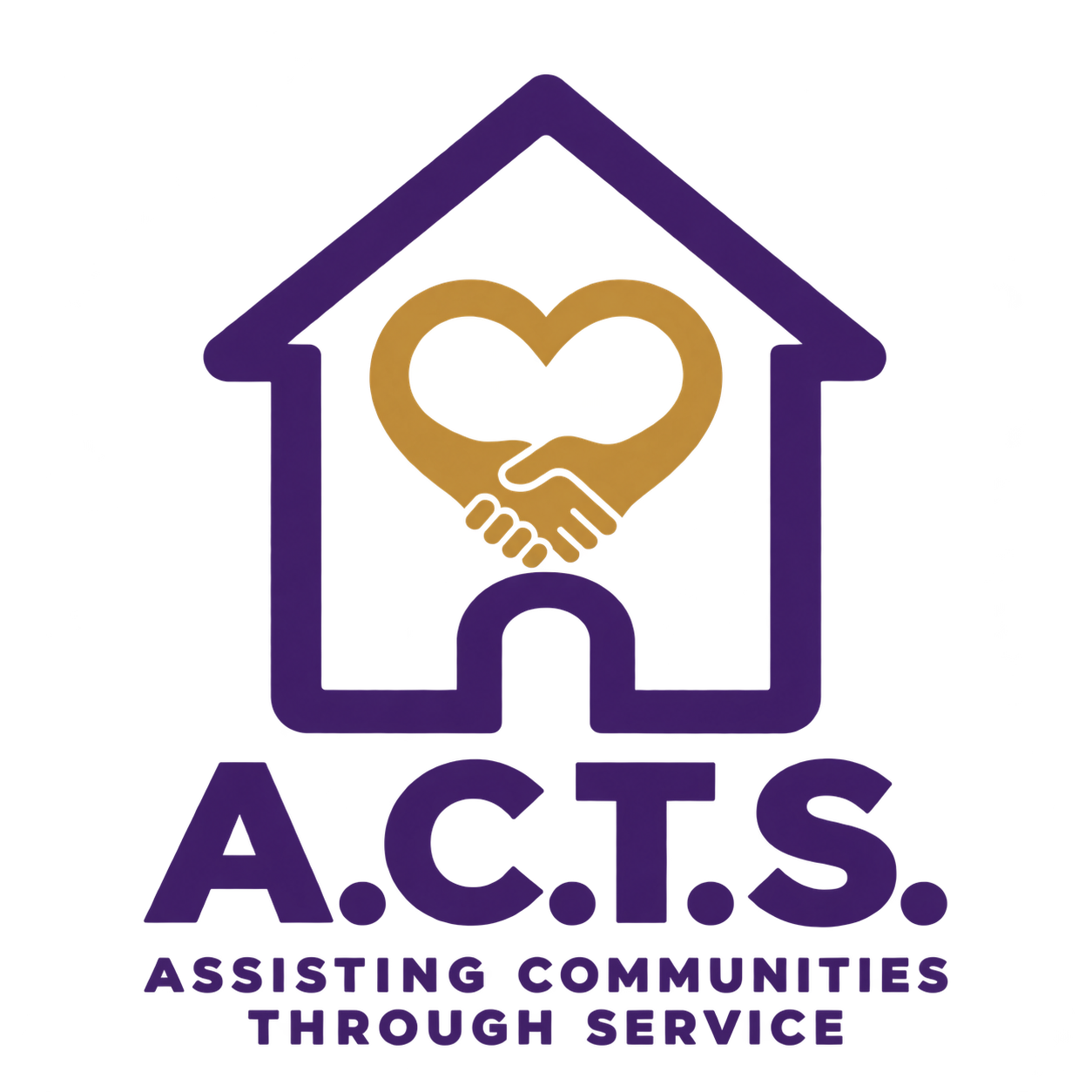 A.C.T.S. — Assisting Communities Through Service; purple house with gold heart and handshake